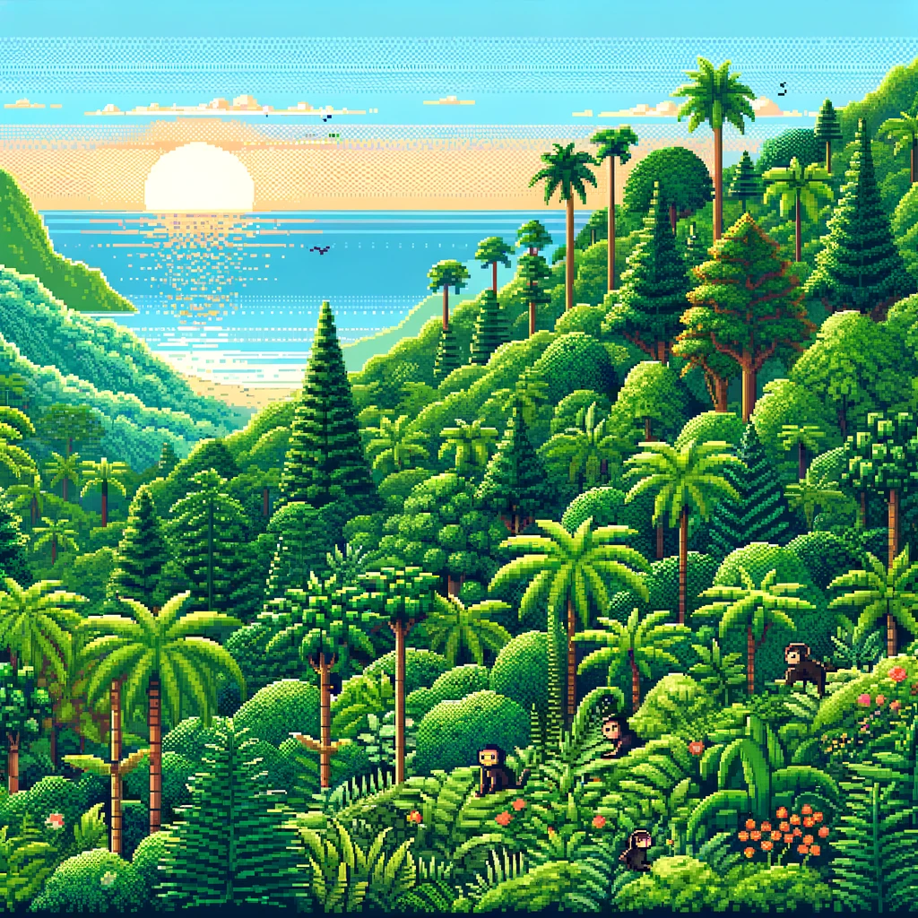 A pixel art representation of a tropical forest covering rolling hills. Include an ocean in the background with the sun rising on the horizon for a beautiful sunrise scene. The forest should be lush with various shades of green, dense foliage, and characteristic features of a tropical forest such as tall broadleaf trees, ferns, and flowering plants. Add some playful monkeys among the trees to enhance the vibrancy and life of the scene. The gentle slopes of the hills should lead to the ocean, creating a harmonious blend of forest and seaside scenery in pixel art style.